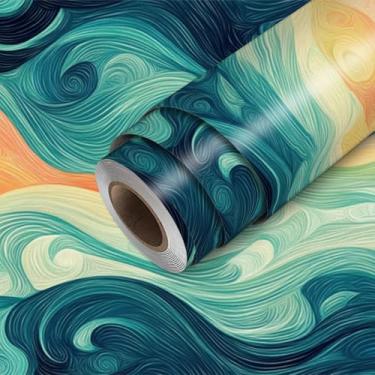 Imagem de HOMETITUTE Papel de parede abstrato, pôr do sol, redemoinho, paisagem, descasque e cole papel de contato, 45 cm x 300 cm, revestimento de parede de vinil removível autoadesivo para quarto, cozinha