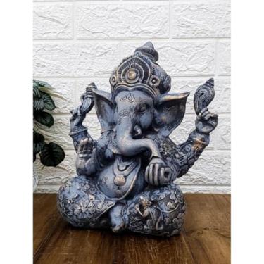 Imagem de Estátua Grande Decorativa da Deusa Ganesha Símbolo de Sorte e Fortuna com Mandala Dourada(Azul escuro com um detalhe)
