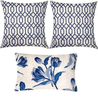 Imagem de Kit 3 Almofadas Composê Geométrico e Floral  Azul Sued Premium - Sua C