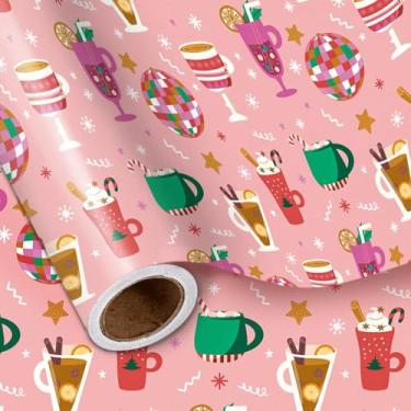 Imagem de LeZakaa Rolo de papel de embrulho rosa de Natal, bola de discoteca, bebida, design de festa divertida, para crianças, adolescentes, adultos, amigos, família, presentes de festa de Natal, mini rolo de