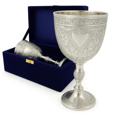 Imagem de Taças de vinho vintage vintage de latão sólido gravado à mão Royal Handmade ornamentado com caixa de veludo azul, presentes medievais copos cálice para aniversário de casamento, batismo (prata)