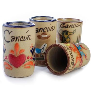 Imagem de MEXTEQUIL Copos de dose de tequila - Conjunto de 4 copos mexicanos - 59 ml - Cerâmica - Coleção Mexican Beach - Pintado à mão (Cancun)