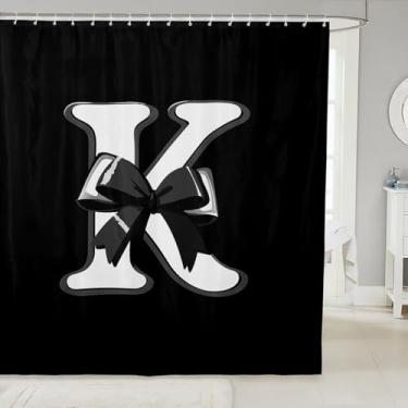 Imagem de jejeloiu Cortina de chuveiro infantil com laço preto 182,88 cm x 182,88 cm, monograma, inicial K, impermeável, poliéster, moda para banheiro, chuveiros, barracas e banheiras, decorações de banheiro