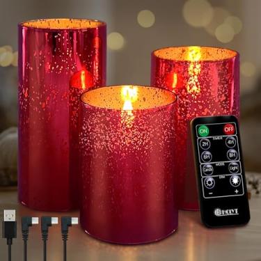 Imagem de LEDHOLYT Vela recarregável sem chama, vela falsa de vidro LED cintilante com controle remoto e temporizador, bateria incorporada, vela eletrônica de cera real para decoração de quarto, conjunto de 3