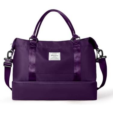 Imagem de Bolsa esportiva de viagem, bolsa esportiva de ginástica, bolsa de ombro para noite de fim de semana para mulheres, E-roxo escuro com compartimento para sapatos, Bolsa de viagem extragrande