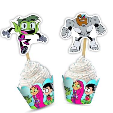 Imagem de Decoração de cupcake Bast Boy – Toppers e envoltórios de cupcake com tema de super-herói de desenho animado para festa de aniversário – artigos de festa divertidos, coloridos e fáceis de usar