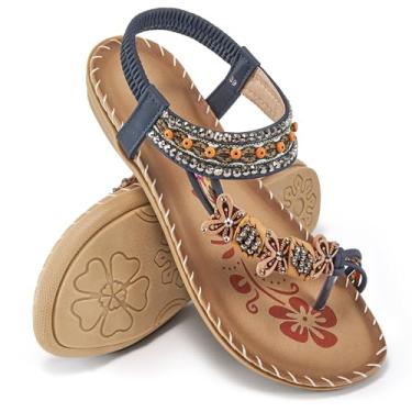 Imagem de Ablanczoom Sandália gladiadora feminina de verão, confortável, casual, praia, plataforma, boêmia com contas, Azul, 5