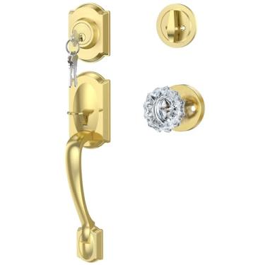 Imagem de Calzibeno Conjunto vintage de maçaneta e fechadura, conjunto de fechadura de porta frontal dourada com maçaneta de vidro cristal, conjunto de fechadura de porta de entrada com cilindro único