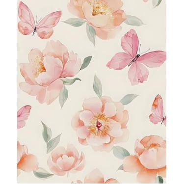 Imagem de VOLEAAR Papel de parede floral descascar e colar, papel de contato com flores de borboleta boho para quarto, banheiro, cubículo, armário, papel de parede removível, decoração de parede autoadesiva