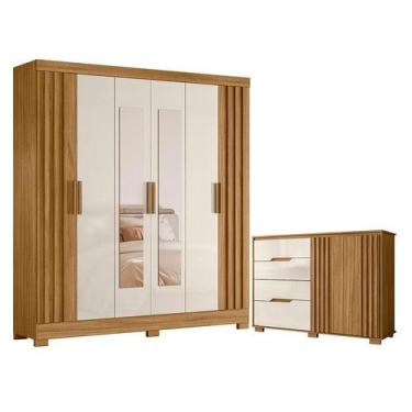 Imagem de Guarda Roupa Casal Valença com Espelho e Cômoda Texas Freijó Off White