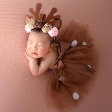 Imagem de Nova roupa de fotografia de Natal recém-nascido saia bufante de malha infantil conjunto de argola de cabelo flor de alce posando adereços (café)