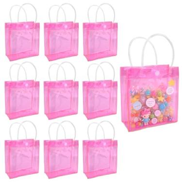 Imagem de MAQIHAN 8 peças de sacos de presente transparentes com alças - Mini sacola de plástico rosa para Natal, Halloween, Páscoa, chás de bebê, festa de aniversário, chá de inauguração de casa (15 x 16