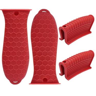 Imagem de HARSKIYER Capa de cabo de ferro fundido, pacote com 4, suportes de alça de panela de material resistente ao calor, manga antiderrapante para frigideiras de ferro fundido, frigideiras de metal, grelhas