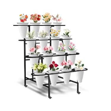 Imagem de Suporte de exibição floral com 16 cestas de flores brancas, suporte de exibição de carrinho de 4 camadas com rodas, suporte móvel resistente para buquê de flores para pátio, jardim, floricultura, com