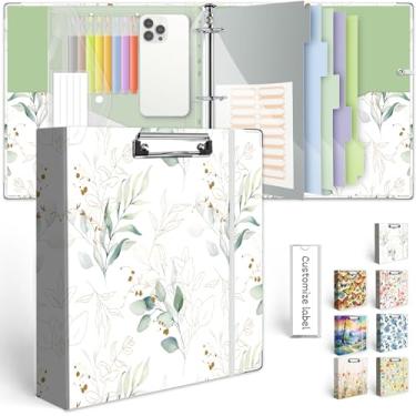 Imagem de Fichário com 3 argolas, 5 cm, organizador de três fichários com prancheta, divisórias de bolsos com 5 abas, pasta de plástico, 18 divisórias stikers, fichário fofo KLLVE com laço para caneta (folhas