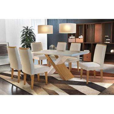 Imagem de Conjunto: Mesa Sala Jantar Imperatriz c/ Tampo Madeirado c/ Vidro Canto Reto 180cm + 6 Cadeiras Lunara Imbuia/Veludo Creme - Rufato