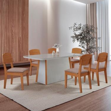 Imagem de Mesa Diane 180cm Tampo Mdf Vidro Canto Copo Com 6 Cadeiras Linho Capuccino Off White Naturale Serigueira
