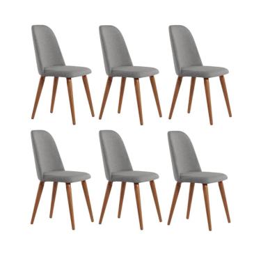 Imagem de Kit com 6 Cadeiras de Madeira Maciça Estofada New Drop - Natural c/ Linho Cinza - Cobre