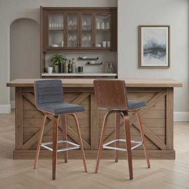 Imagem de Banqueta giratória moderna Vienna com assento estofado preto vintage e moldura de madeira com acabamento de nogueira, conjunto de 2