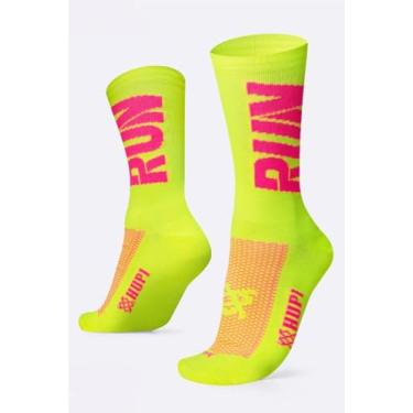 Imagem de Meia para Corrida HUPI RUN 1 Par Cano Médio, Cor: Amarelo Neon/Rosa, Tamanho 36-42