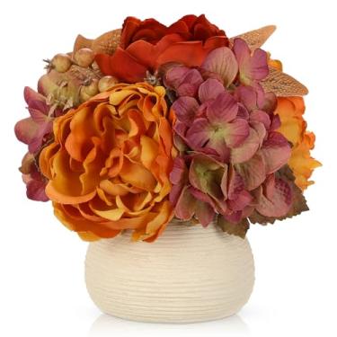 Imagem de Peônia hortênsia flores artificiais em vaso, pequenos arranjos florais de outono com vaso centro de mesa rústica casa de fazenda colheita de outono Ação de Graças casamento cozinha jantar decorações