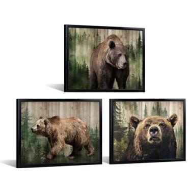 Imagem de iKNOW FOTO Conjunto de arte de parede em tela de urso marrom com 3 estampas de animais selvagens com tema de floresta imagens de urso rústico tela esticada para cabine sala de estar chalé quarto