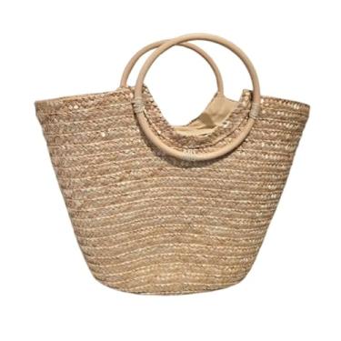 Imagem de Bolsa de Praia em Palha Trançada, Alças de Madeira, Design Cesta Artesanal Praia Piscina, 39 x 29 x 16 cm (Palha)