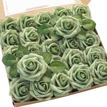 Imagem de Floroom Flores artificiais, 25 peças de rosas falsas de espuma verde elfo de aparência real com hastes para buquês de casamento, decoração de casa para chá de panela, verde sálvia, arranjos florais
