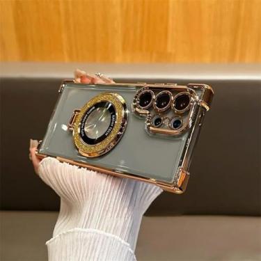 Imagem de HJZSZX Para Samsung S24Ultra Luxury Glitter Magnetic Bracket Case Capa de silicone à prova de choque (para Samsung S24Ultra/dourado)