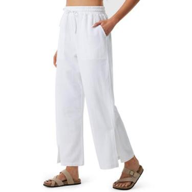 Imagem de Calças de linho Libin White para mulheres com cordão de cintura alta M