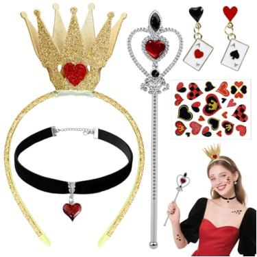 Imagem de Conjunto feminino de acessórios de fantasia de rainha, 5 peças - coroa de corações, colar de coração vermelho, brincos, varinha e adesivos, roupa de festa de cosplay de Halloween