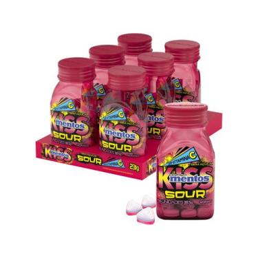 Imagem de Bala Mentos Kiss Sour Morango sem Açúcar 38,5g Display com 6 Potes, Mo