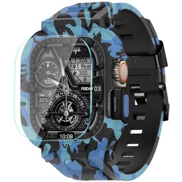 Imagem de XYF Pulseira esportiva masculina resistente à prova de choque, compatível com Apple Watch Ultra 3/2/1 (49 mm) - com capa de metal e protetor de tela (49 mm, camuflagem/azul)