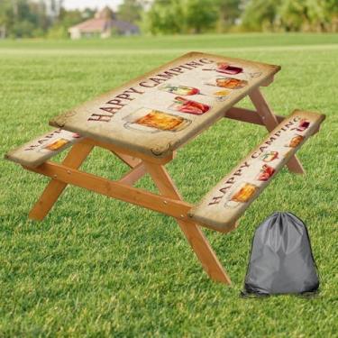 Imagem de Wathon Toalha de mesa de piquenique com capas de banco de 1,8 m, 3 peças, toalha de mesa de acampamento reutilizável, à prova d'água, à prova de óleo, com borda elástica para pátio interno e externo
