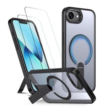 Imagem de Capa para iPhone 16e Capinha - Compatível com MagSafe, com protetor de ecrã temperado de 2 peças, estojo ultrafino resistente a choques e quedas com suporte ajustável - Preto