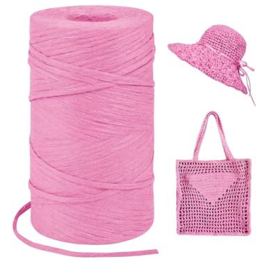 Imagem de LEREATI Fio de ráfia rosa para sacos de crochê, fio de fita de papel ráfia de cordão plano de 3 mm x 328 jardas para embrulho de presente, chapéu de sol de crochê, bolsa, artesanato DIY, decoração de
