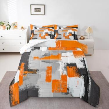 Imagem de Feelyou Conjunto de edredom abstrato para todas as estações, laranja e cinza, conjunto de cama com 2 fronhas, microfibra geométrica, roupa de cama Queen, arte rústica, edredom respirável, macio e leve