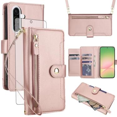 Imagem de Asuwish Capa de celular para Samsung Galaxy A56 5G com zíper carteira, com protetor de tela de vidro temperado e alça de pulso transversal, suporte para cartão de crédito A 56 56A LTE mulheres meninas