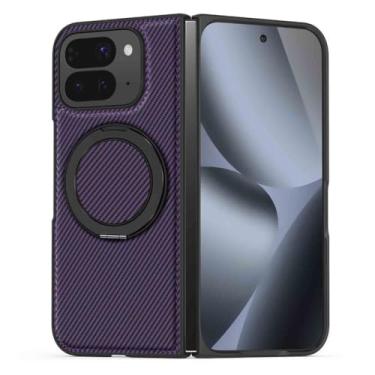 Imagem de LTLMYDAM Capa de couro fina para Google Pixel 10 Pro Fold, capa de anel magnético com textura de fibra de carbono, capa de carregamento sem fio para negócios, roxa, 10 Pro Fold