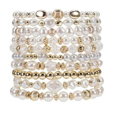 Imagem de Twinfree Conjunto de 10 pulseiras elásticas empilháveis de pérolas simuladas com contas ajustáveis multicamadas para mulheres, joias de casamento, One Size, Miçangas, Sem Pedra Preciosa