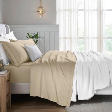 Imagem de Superior Jogo de lençol de algodão egípcio com 4 peças, 650 fios, design moderno, lençóis sustentáveis, básicos ultramacios, liso, lençol de cima, fronhas, casal, linho