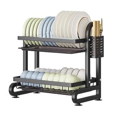 Imagem de AKALNNB Escorredor de pratos preto de 2 níveis com bandeja coletora, escorredor de pratos de drenagem com suporte de utensílios, escorredor de pratos escorredor de cozinha para kit de bancada de