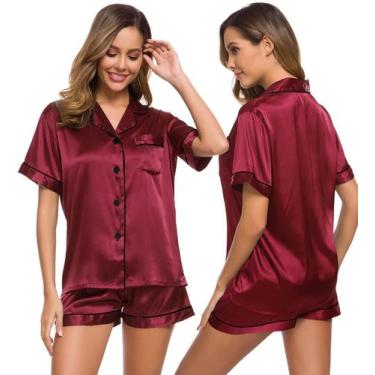 Imagem de Conjunto de pijamas feminino SWOMOG, seda, cetim, botão, vinho tinto