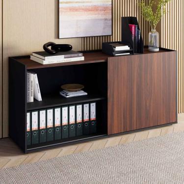 Imagem de Armário Baixo 158cm Porta de Correr e 2 Nichos em Mdp com Puxadores Metálicos Corporate Louro Preto/Preto