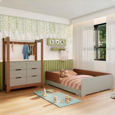 Imagem de Quarto Infantil Completo Guarda-Roupa Closet e Cama Casal Montessoriana 100% MDF Olivia e Mark Verti/ Castanho