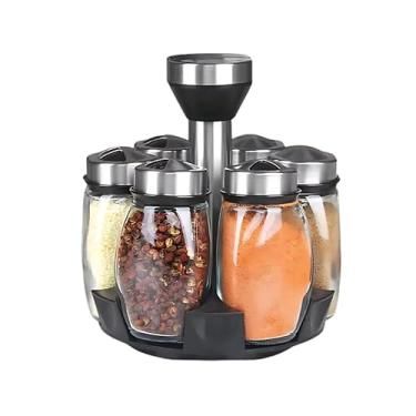 Imagem de Porta Tempero Giratório Especiarias Inox Com 7 Peças Para Cozinha Pote de Vidro Para Temperos(Porta Tempero)