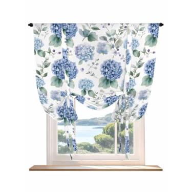 Imagem de Cortinas de amarrar de flores azuis para janelas, cortina de hortênsia floral eucalipto folha haste bolso haste persiana ajustável balão cortina sanefa para quarto cozinha banheiro persianas 86 x 114
