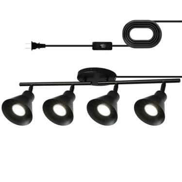 Imagem de vivihobb Kit de iluminação de trilho de plugue de 4 luzes pretas, luminária de teto moderna, cabo de 4,5 m, interruptor liga/desliga, iluminação de ponto de teto de 4 vias, cabeça de luz giratória