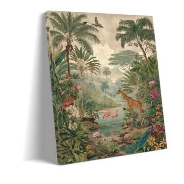 Imagem de Tela vintage para decoração de parede da selva | Impressão artística de girafa, flamingo e pavão | Pôster de animal botânico | Arte caprichosa para quarto de crianças, banheiro, corredor (arte 3 cm x