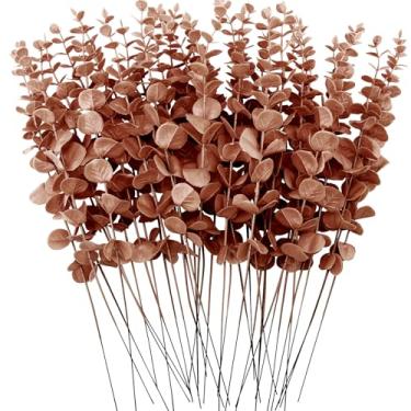 Imagem de FEQO 36 hastes artificiais de eucalipto, folhas marrom-escuras, galhos de eucalipto falsos, 38 cm para buquê de casamento, decoração de casa